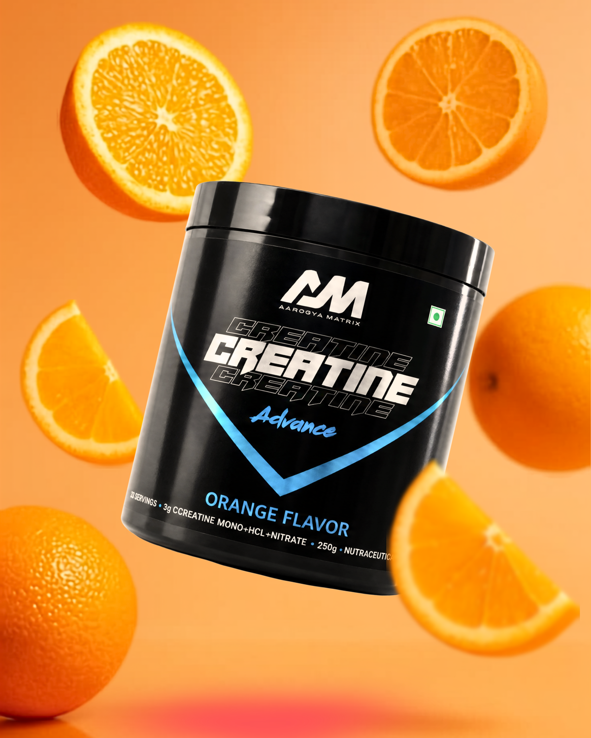 A black tub of AM Nutrition Creatine Creatine Advanced orange-flavored supplement powder, surrounded by floating whole and sliced oranges on a bright orange background.